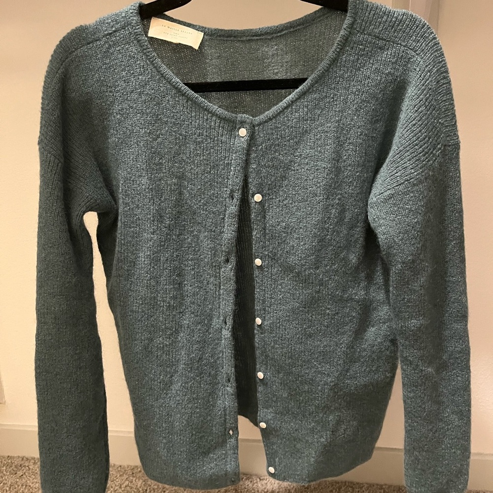 Sezane Teal Blue Button-Front Wool Blend Cardigan